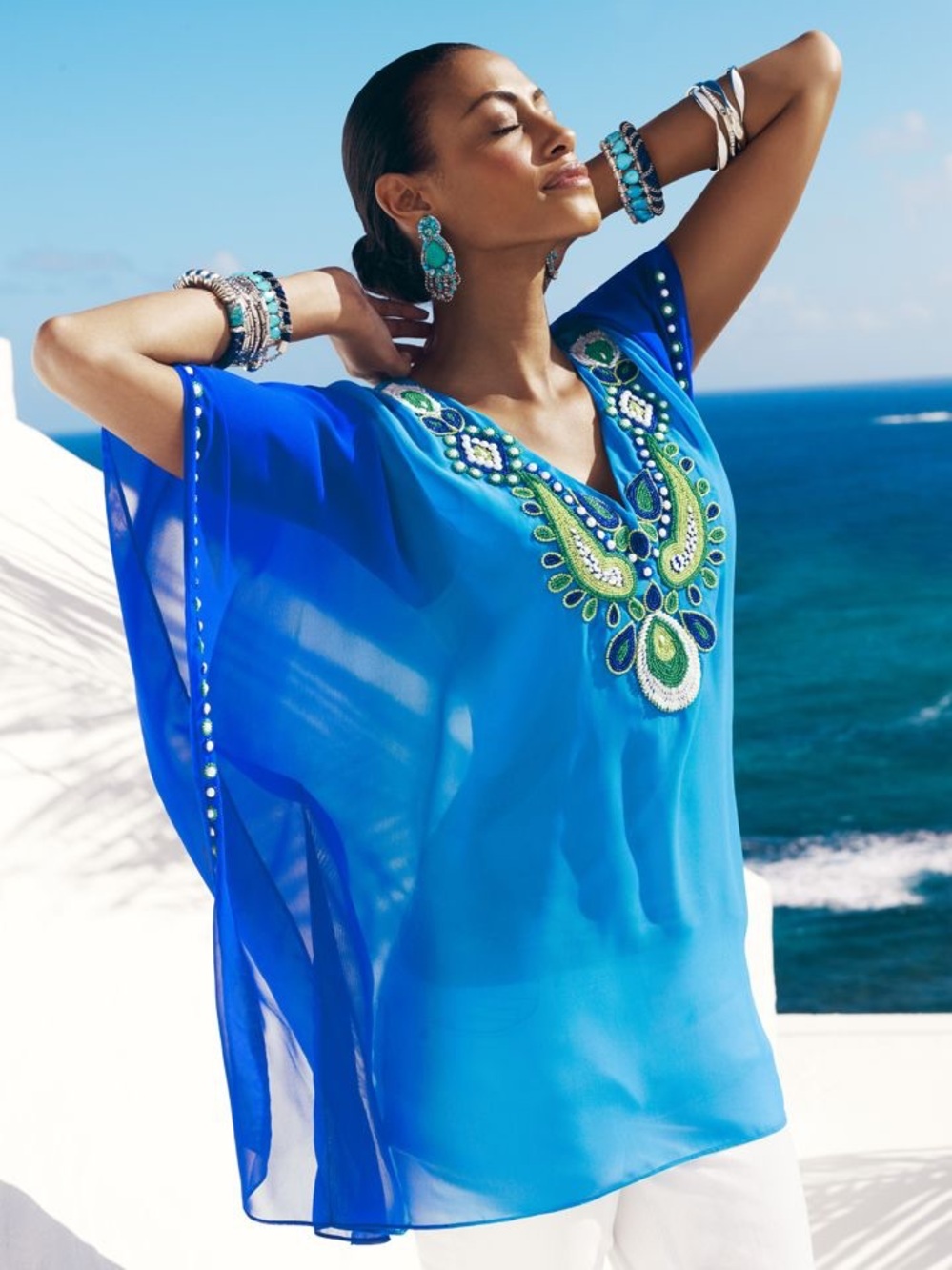 Chico’s Blue Ombre Beaded Caftan Tunic Cover Up Swim Boho Beach Resort S/M